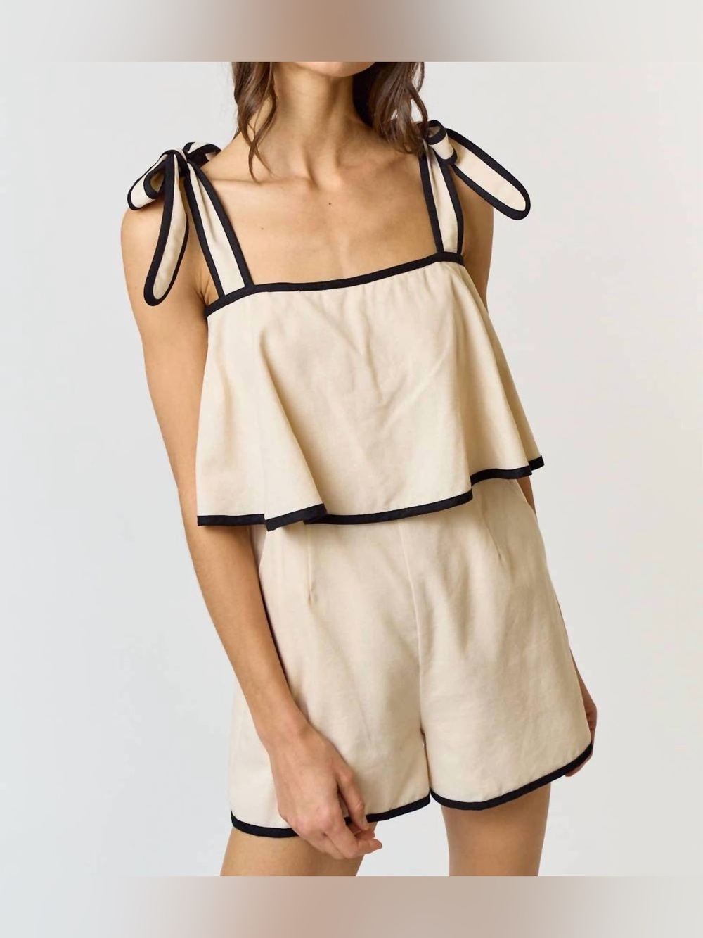 Vestique Romper Cream and Black Trim Bow Tie Tank Romper Small